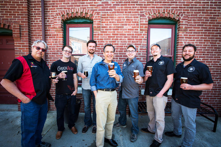 Jim Koch with past winners of Brewing the American Dream's Brewing and Business Experienceship.